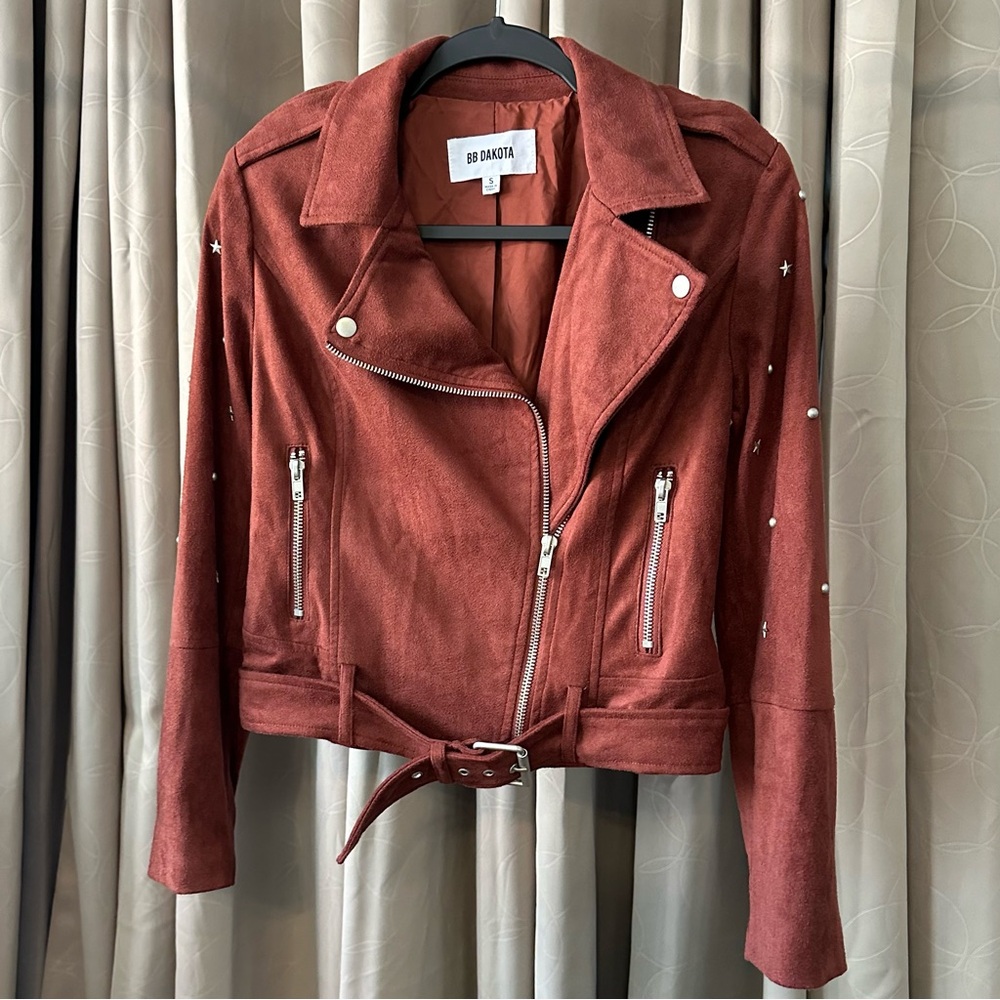 BB Dakota Faux Suede Embellished Moto Jacket, Red/Rust, Size S